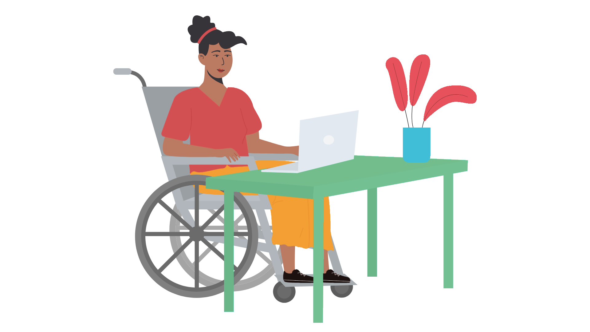 Schwarze Rollstuhlfahrerin sitzt am Schreibtisch mit Laptop. Auf dem Schreibtisch ist eine Pflanze.