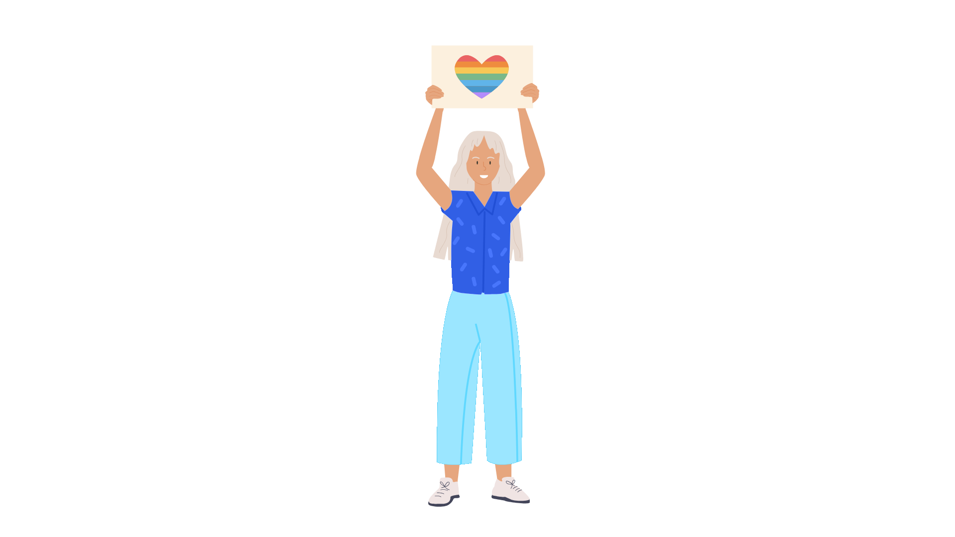 Weiß und weiblich gelesene Person hält ein Plakat mit einem Herz in Regenbogenfarben hoch.